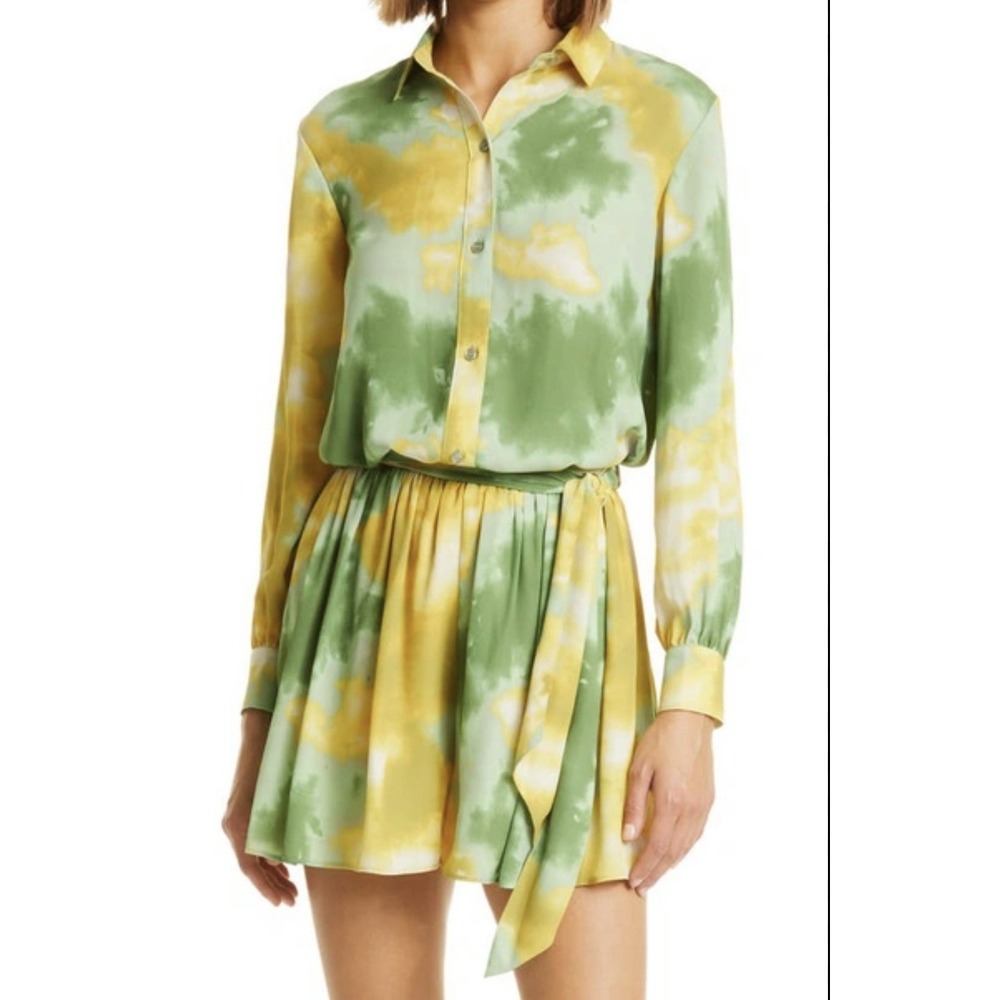 Toccin NY Women's Green Yellow Tie Dye Button Up Shirt And Wrap Skort Sz 0/XS‎